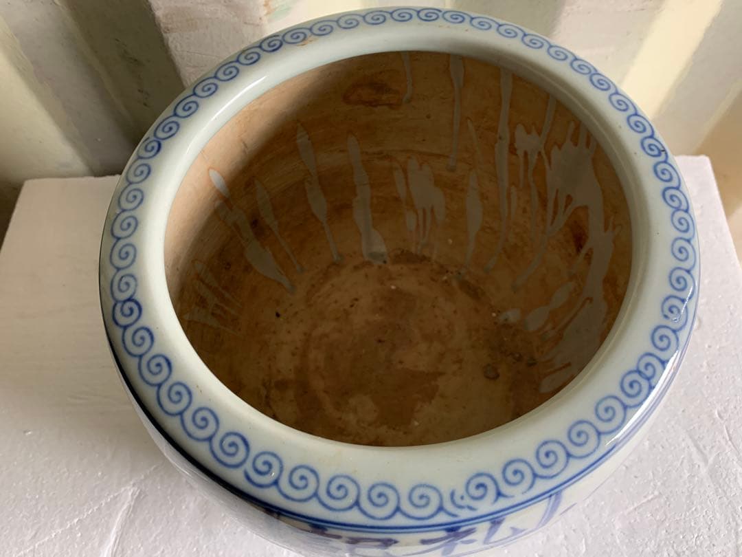 『9066』白磁染付火鉢 風神雷神 四経 茶道具 植木鉢 金魚鉢