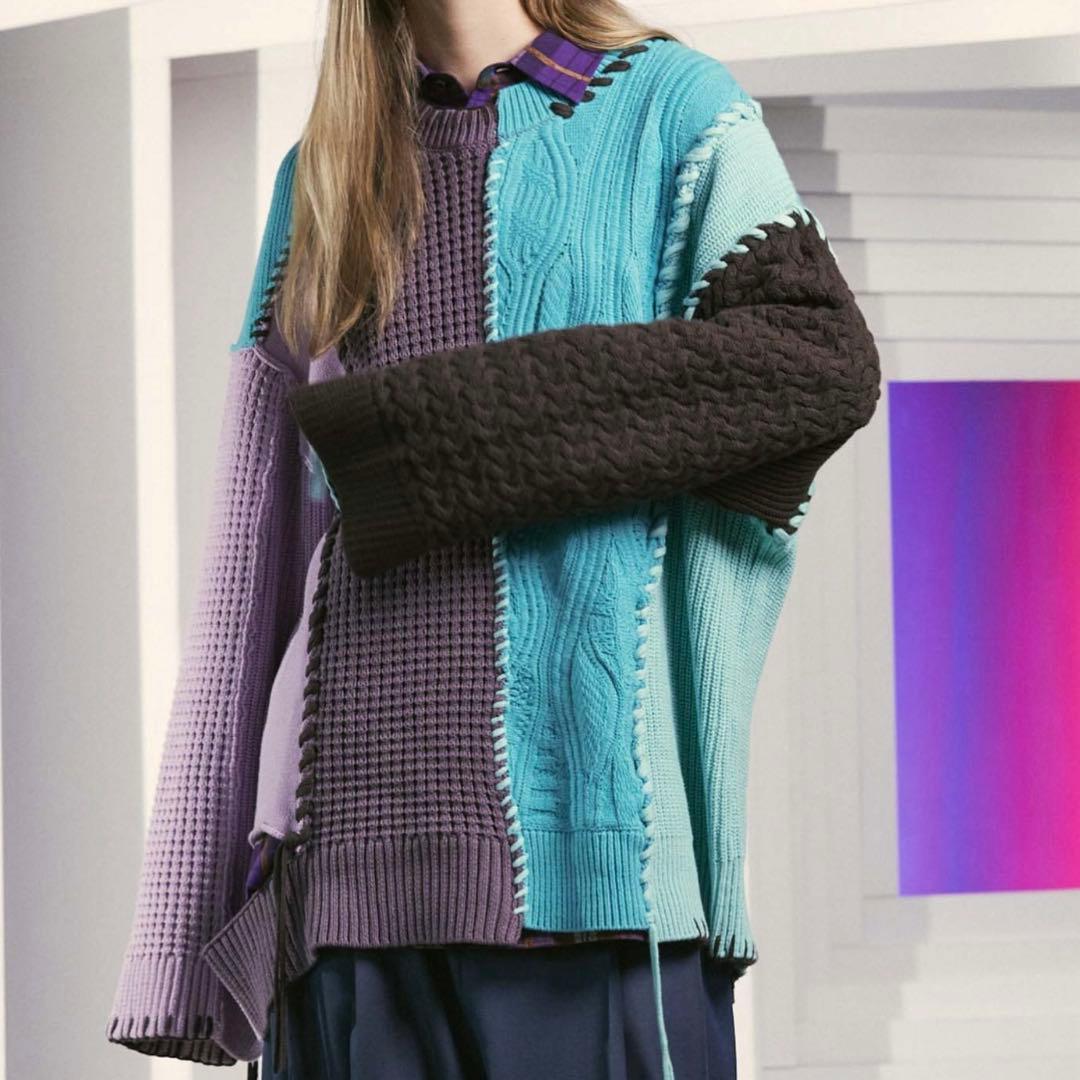 鬼ワッフルクレイジーパッチワーク切り替えプライムオーバークルーネックニット