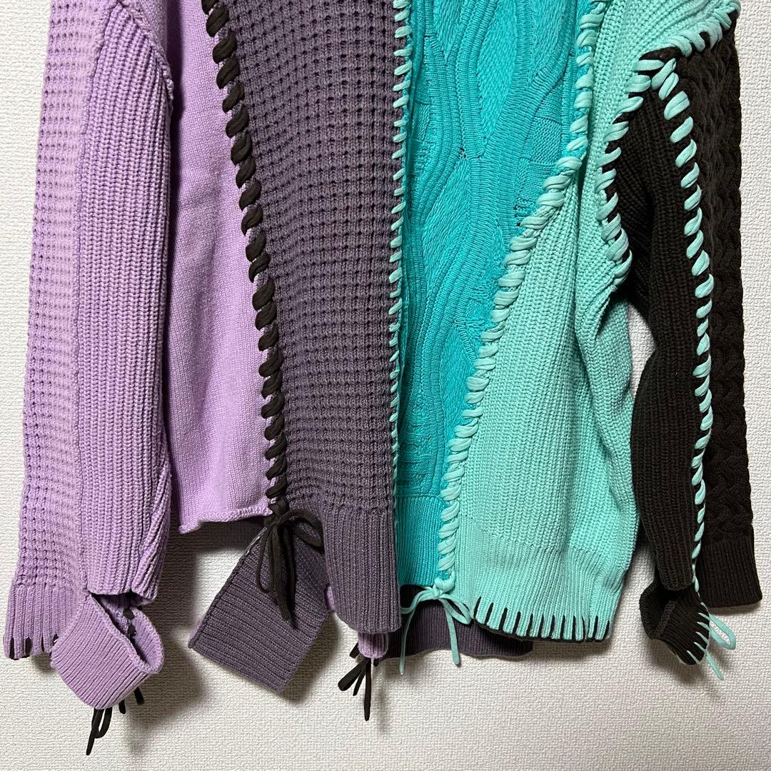 鬼ワッフルクレイジーパッチワーク切り替えプライムオーバークルーネックニット