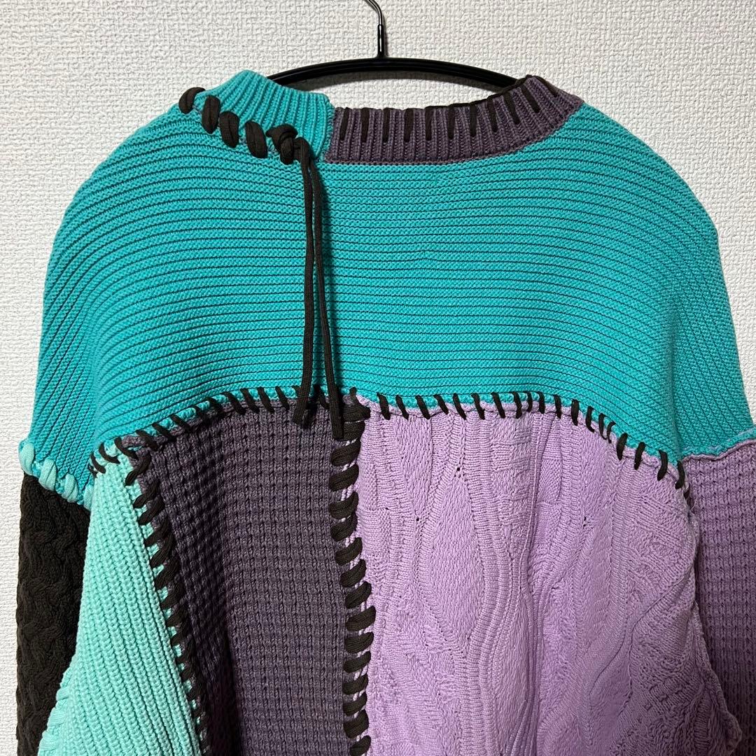 鬼ワッフルクレイジーパッチワーク切り替えプライムオーバークルーネックニット