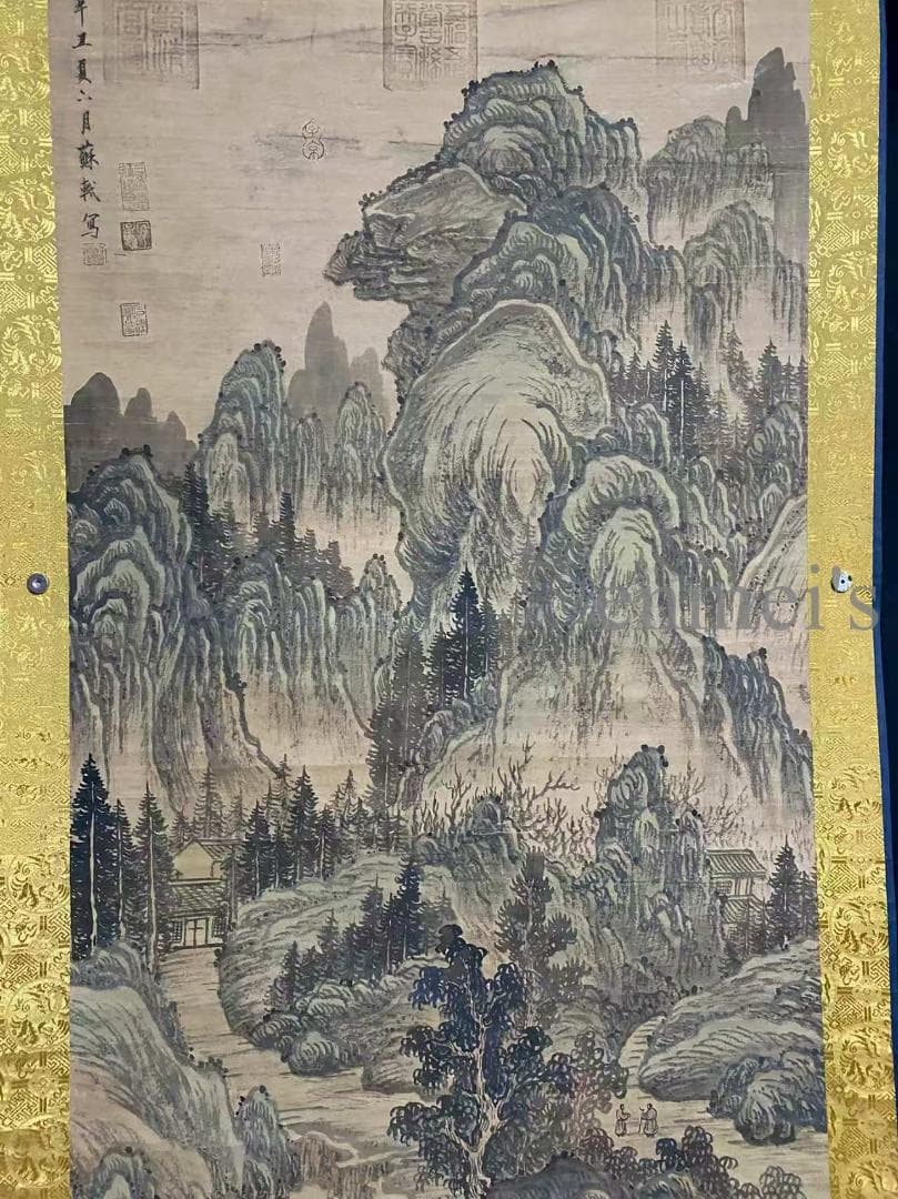 中国古美術 宋代 蘇軾款 山水画 水墨画 金色の縁取り 掛軸 宣紙 唐物 名家