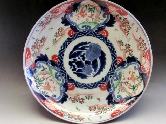 大皿■赤絵錦絵 窓松竹梅 花鳥紋(江戸後期～明治期)古伊万里 時代物 古い骨董■