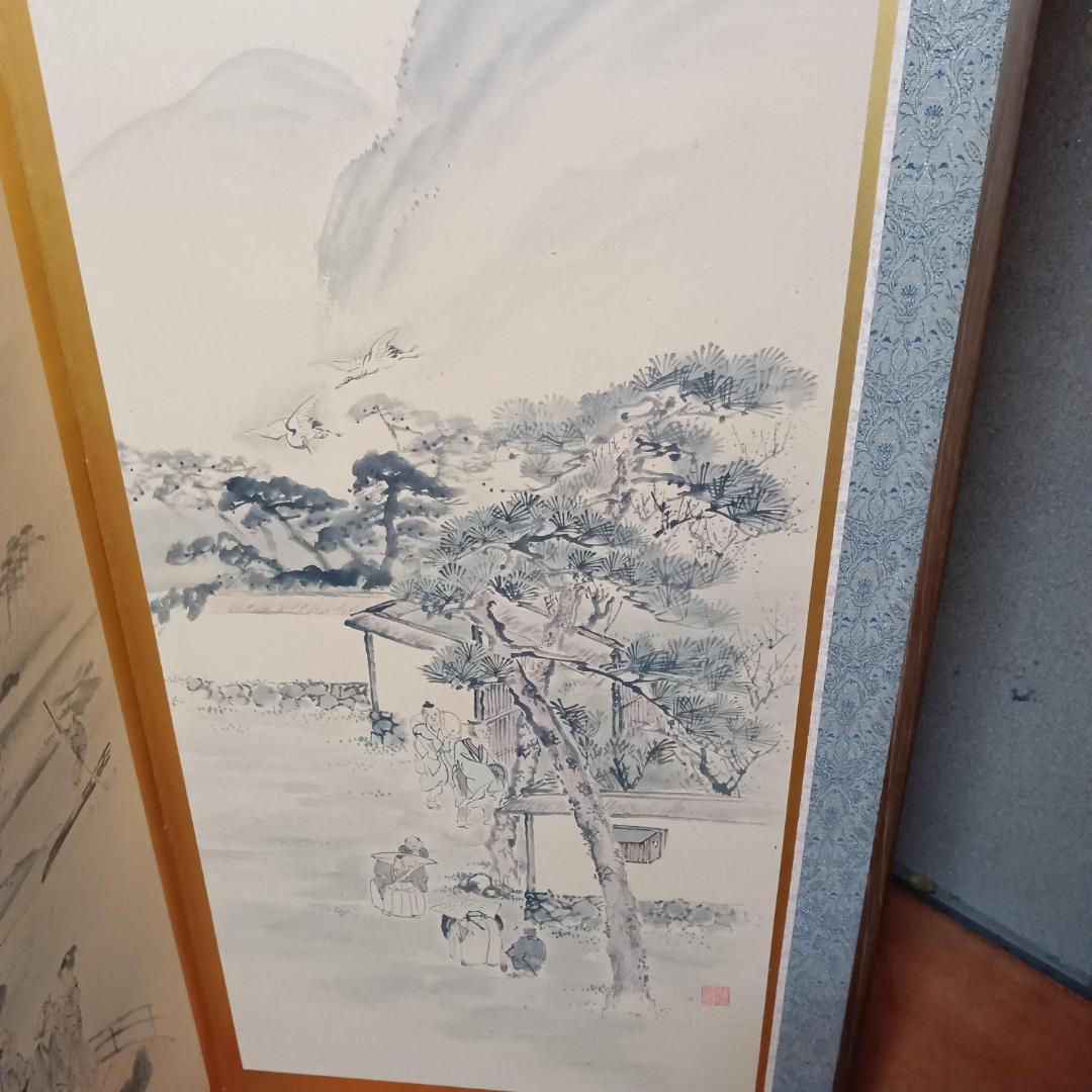 江戸時代風俗図　水墨画＆金屏風セット(175x60cm)X六曲X３枚