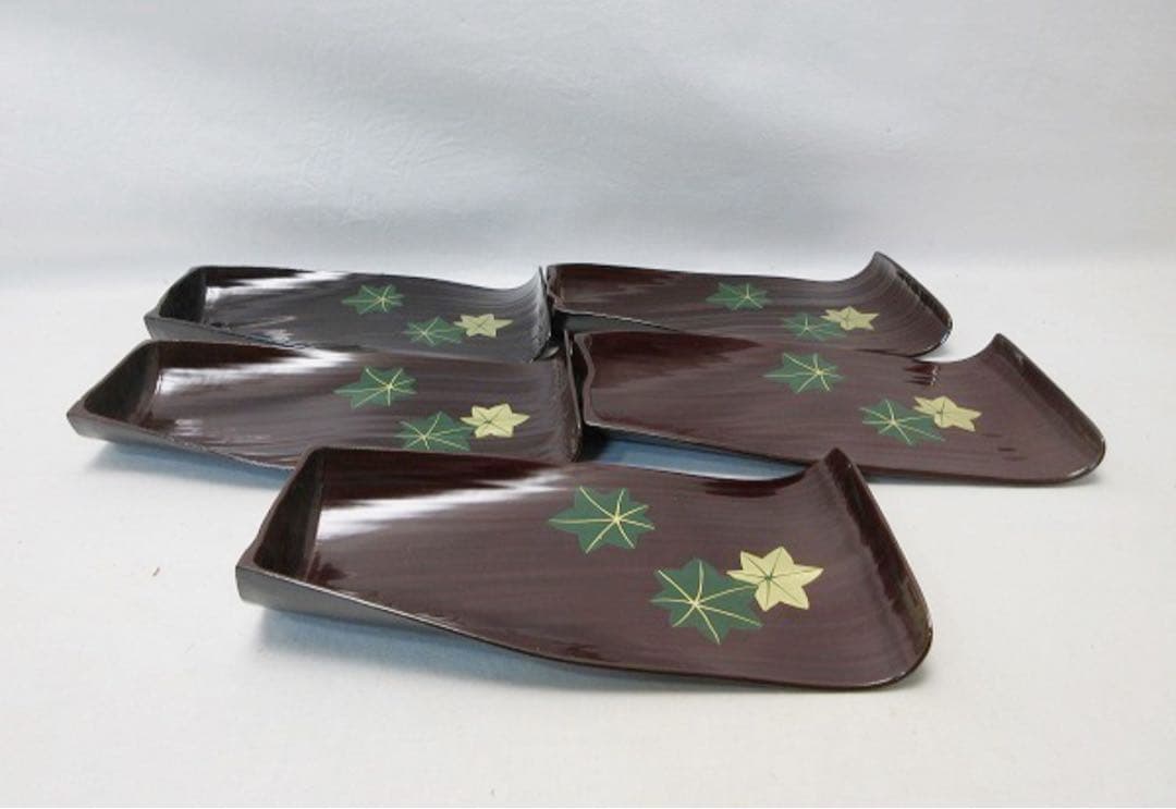 ほぼ未使用 茶道具 福竹 溜塗 金彩蒔絵 銘々皿 5客揃 竹製 干菓子盆 共箱