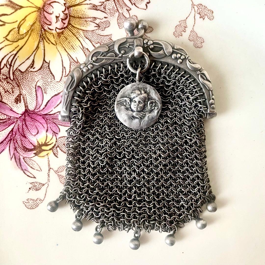 純銀製天使付きシルバーヤドリギモチーフパース仕切りありフランスアンティーク