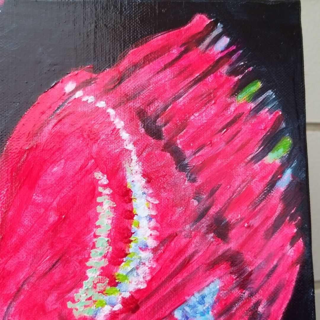 油絵　専用　赤い鳥の家族と赤い花