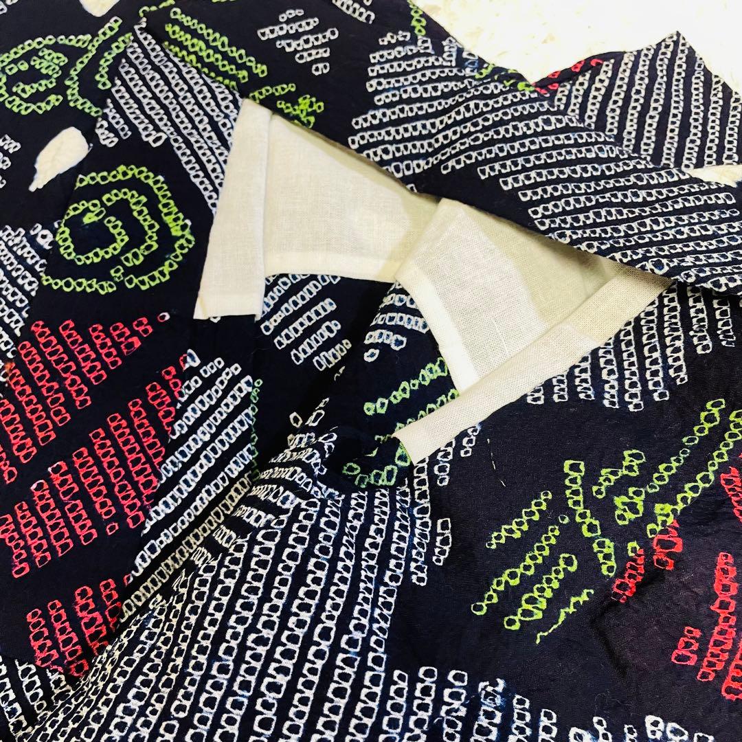 C1 希少✨レア✨高級 有松鳴海総絞り 扇子柄　総柄　レトロ浴衣 濃紺　藍色