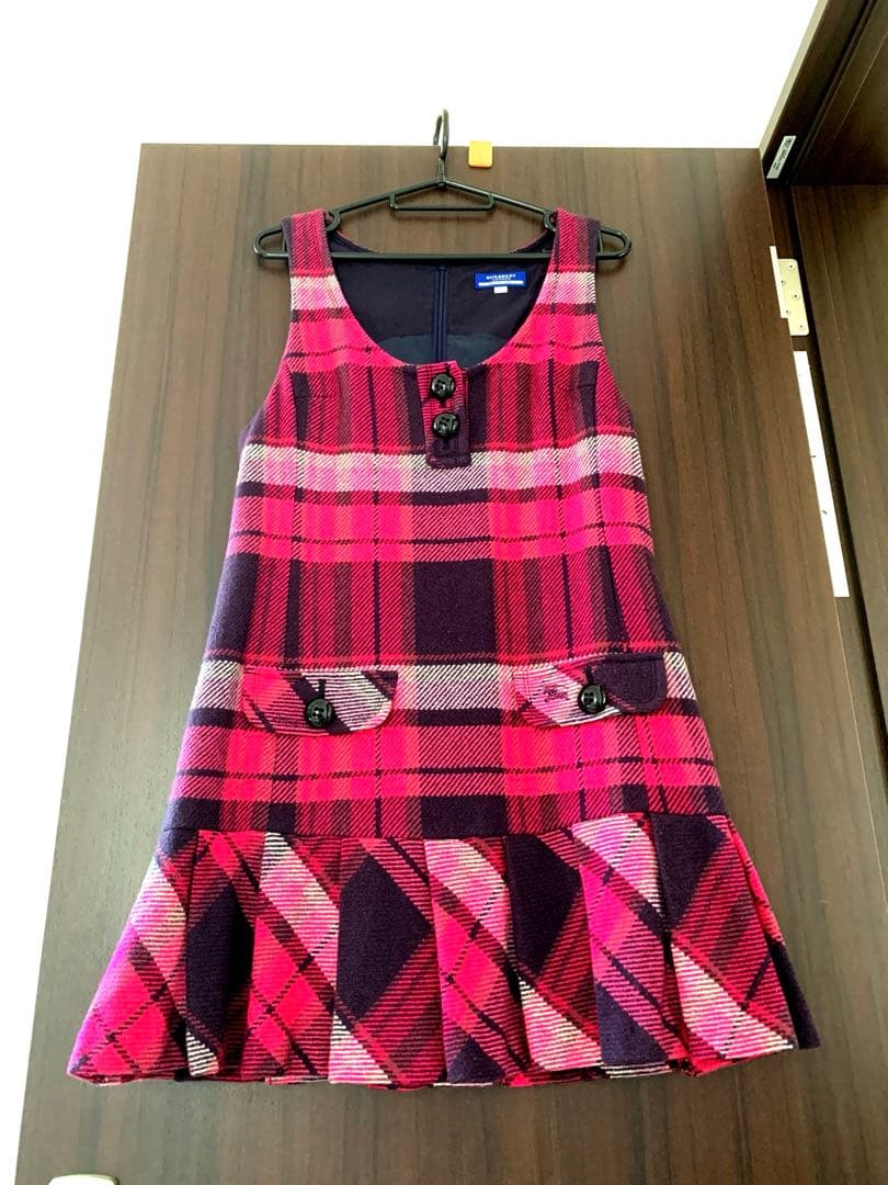 【美品】BURBERRYピンク系ウールチェック ノースリーブミニワンピース 38