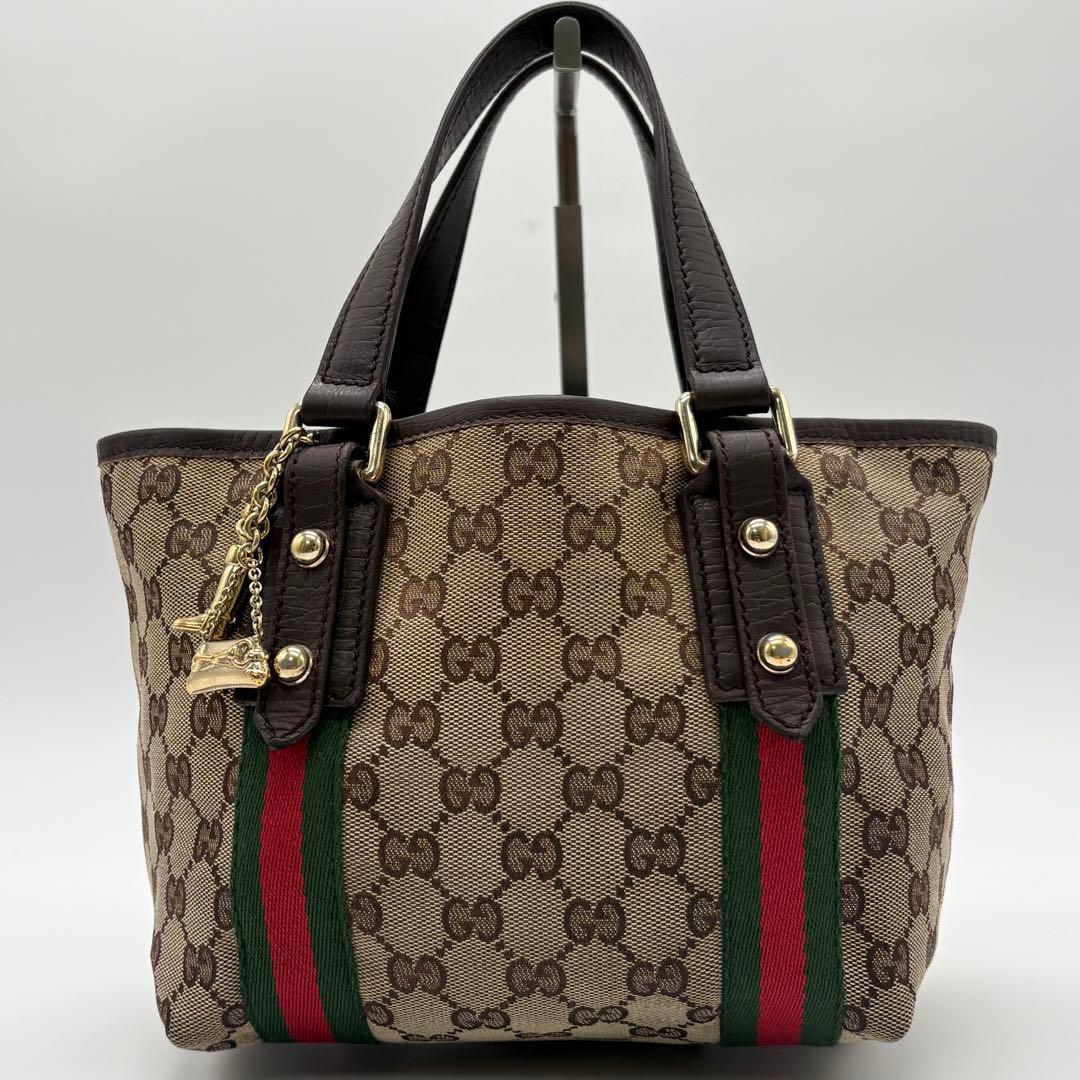 美品✨グッチ ハンドバッグ ミニトート GG柄 シェリーライン ダークブラウン