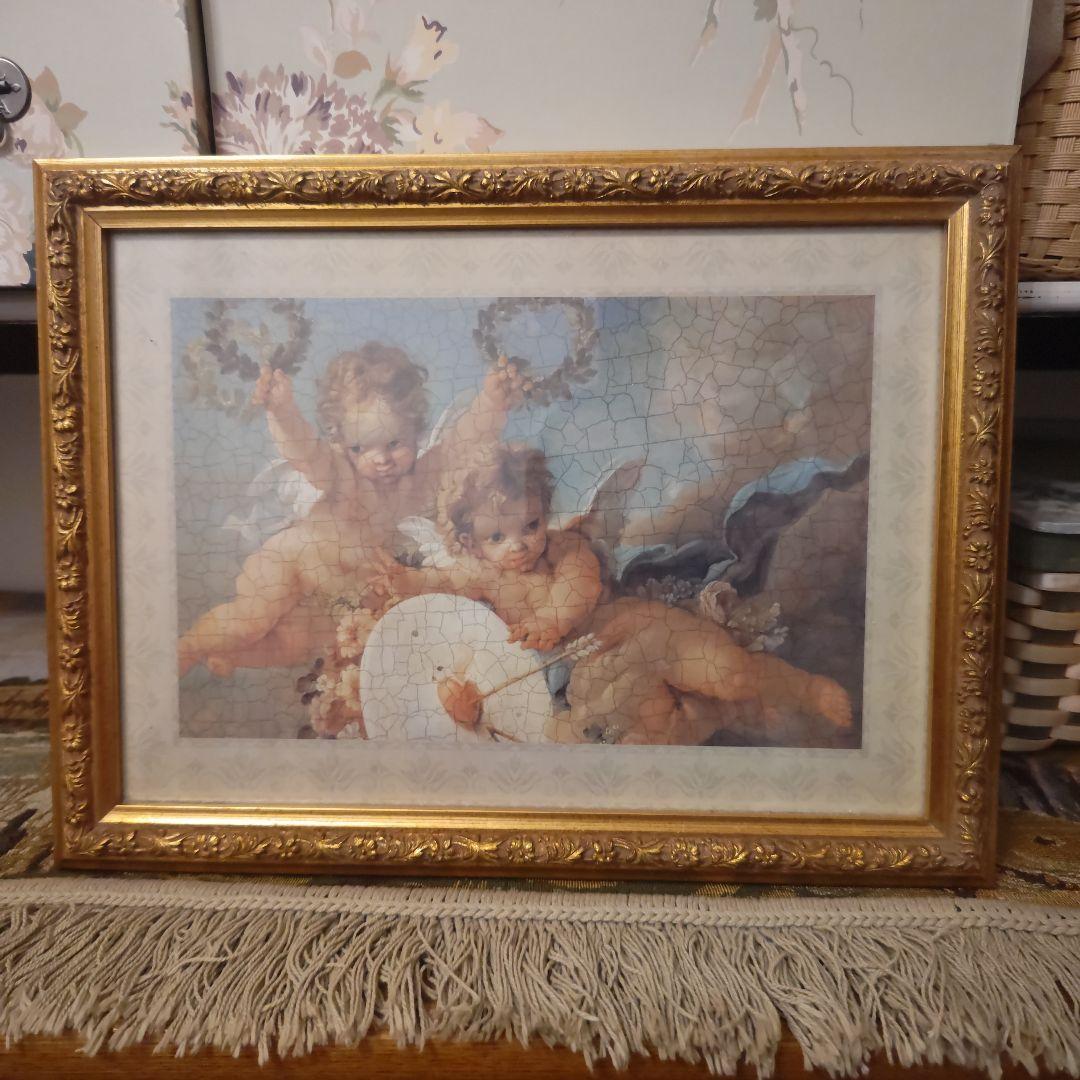 天使　額絵　イタリア製　宗教　ひび割れ風　アートポスター　金枠　彫刻　ゴールド