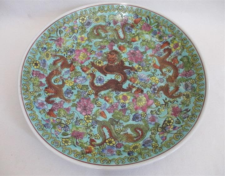 中国古玩 大清乾隆年製 粉彩 五爪の龍紋 大皿 直径約29cm 中国美術