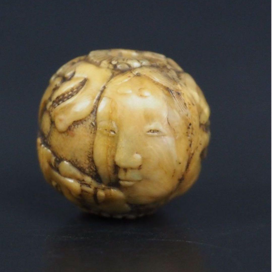 送料無料　江戸時代　鬼面細密彫　緒締玉　　径1.8cm 重4g検/提げ物緒締玉根