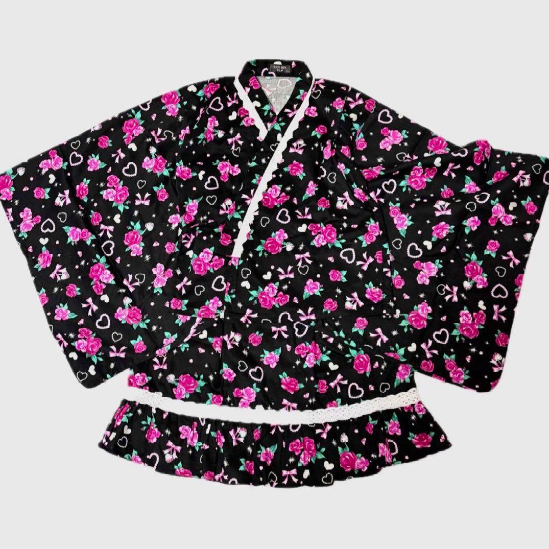【150】帯付き 浴衣 ドレス 黒 ピンク 地雷 姫ギャル 平成 量産 160