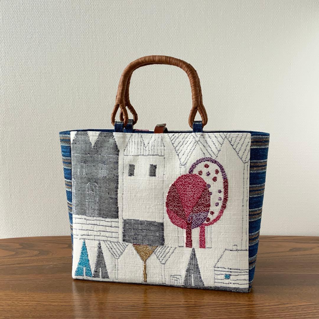 紬帯 メルヘンな風景 リメイク 山葡萄ハンドルバッグ