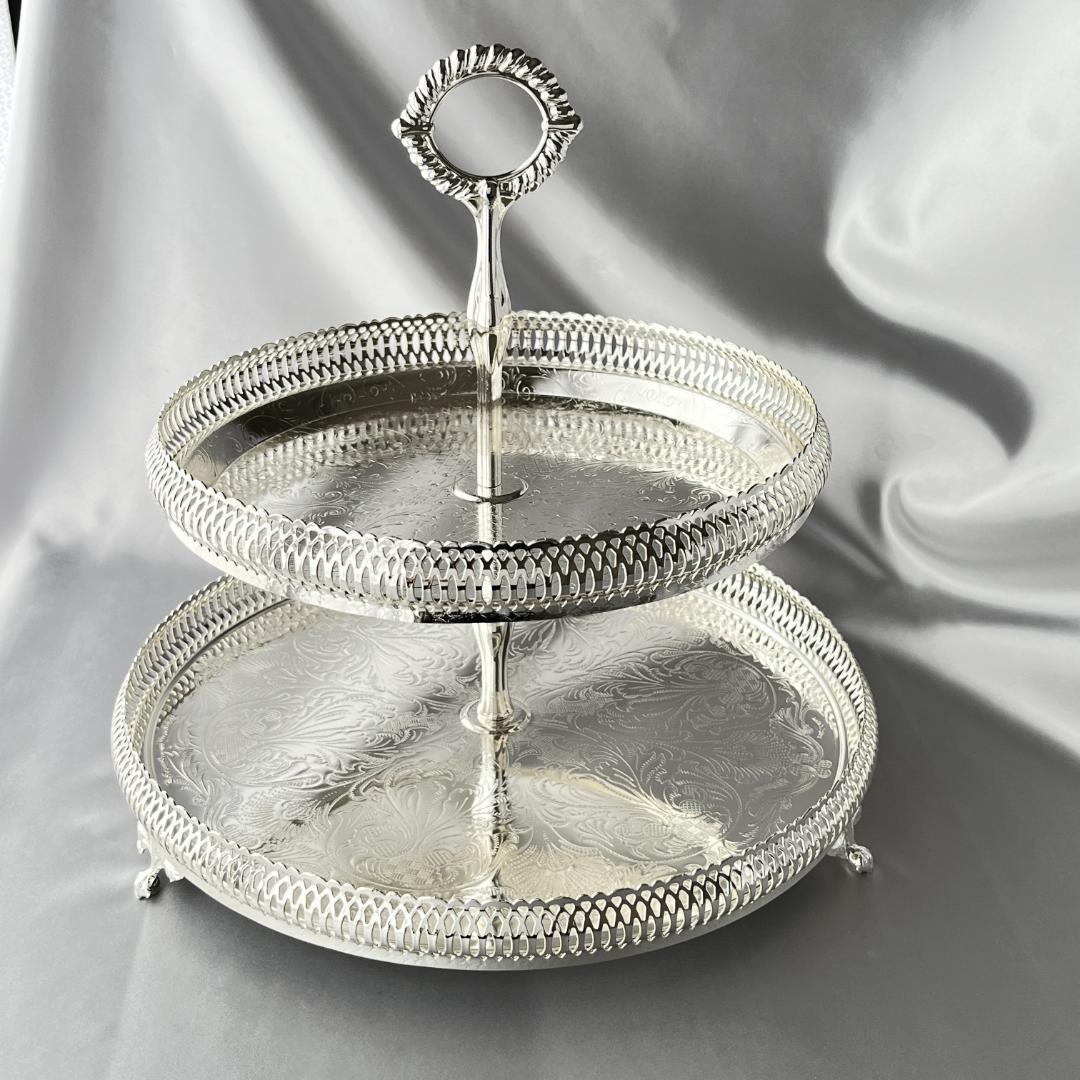 【QUEEN ANNE】 透かしのケーキスタンド 2段【シルバープレート】