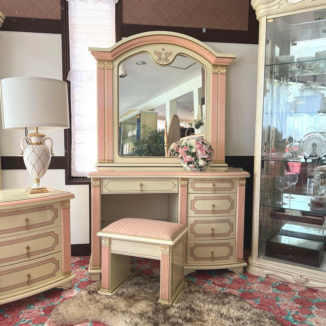 k411r120 イタリア製 ロココ調ドレッサー・チェアセット 姫系 白家具
