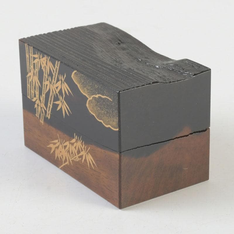 茶道具　加賀蒔絵師　国本勝彦作　黒柿　竹林蒔絵　割香合　共箱　V　9846