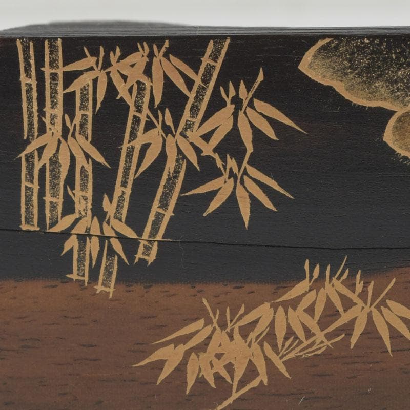 茶道具　加賀蒔絵師　国本勝彦作　黒柿　竹林蒔絵　割香合　共箱　V　9846