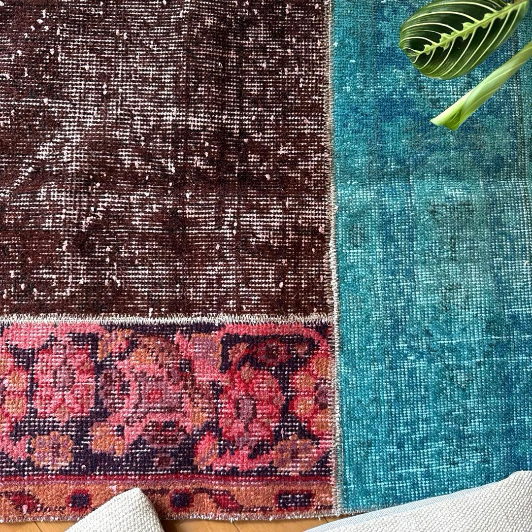 55×103 神秘的ブルー×ブラウン×ボタニカル　トルコヴィンテージラグ