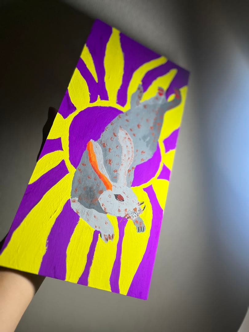 「日章兎 原画 手描きアート 兎 絵画 インテリア 木製パネル」