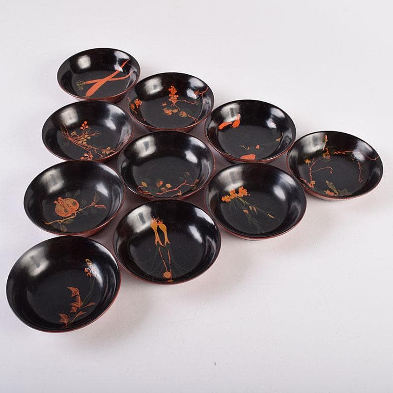 時代輪島塗　黒漆　蒔絵絵変銘々皿　木皿　十客　時代箱付　V　R8927