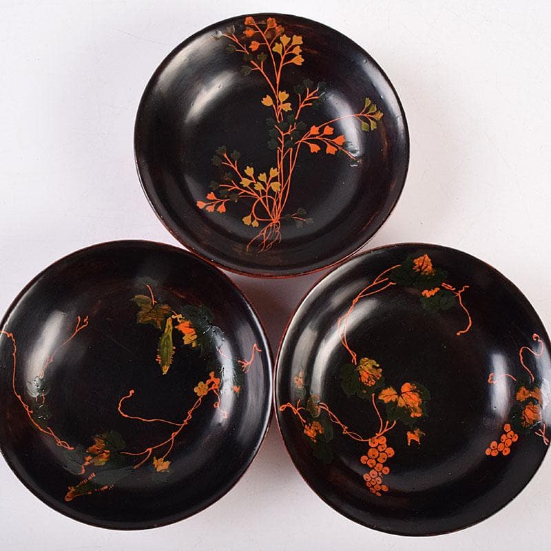 時代輪島塗　黒漆　蒔絵絵変銘々皿　木皿　十客　時代箱付　V　R8927