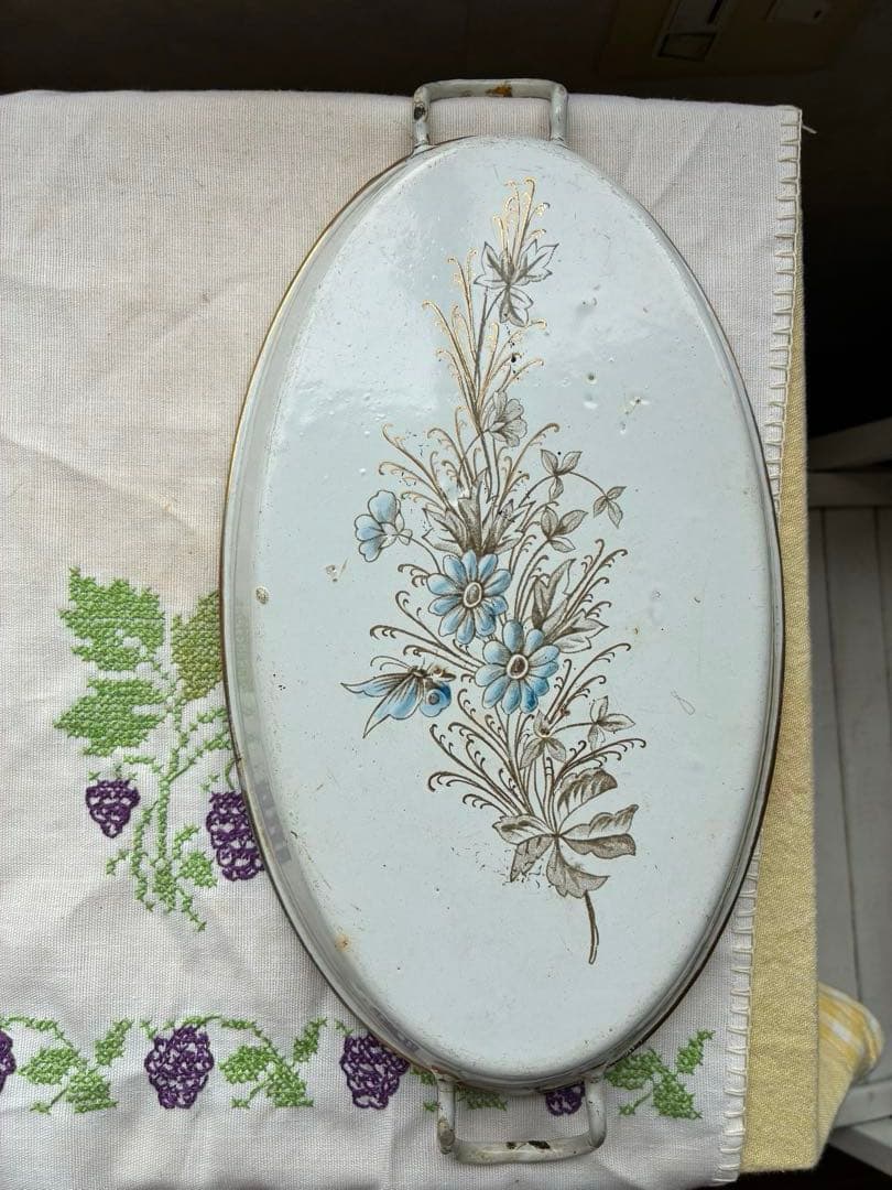 マンズアンティーク　ホーロー プレート　オーバル　お皿　トレイ手書き　レア