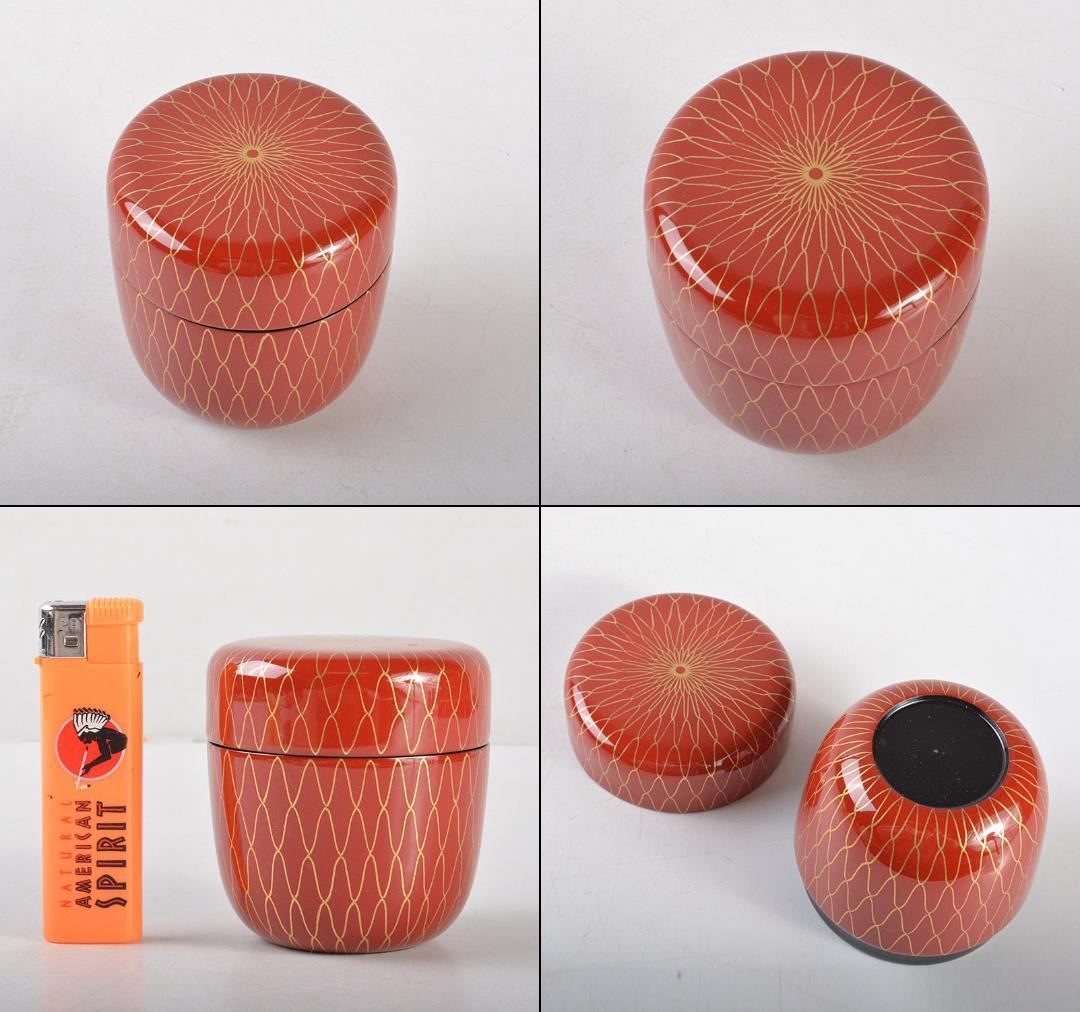 茶道具　越前塗　宮田宗景作　朱塗　網目蒔絵　中棗　共箱　V　R5430