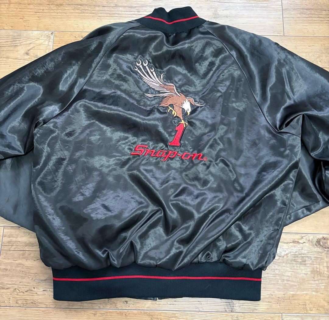 USA製 Snap-on 刺繍 サテンジャケット ラグラン ブラック M