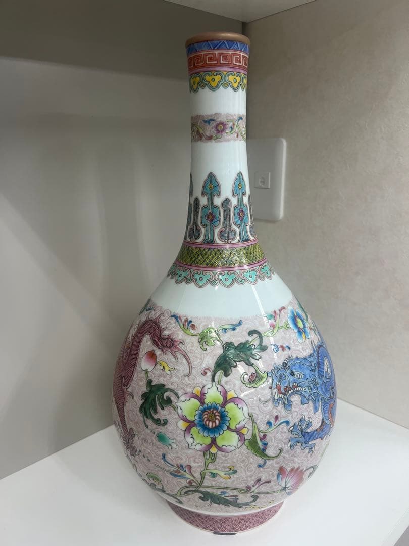 中国乾隆年製長頸瓶骨董唐物アンティーク古美術江戸青磁手描きドラゴン模様の陶器瓶