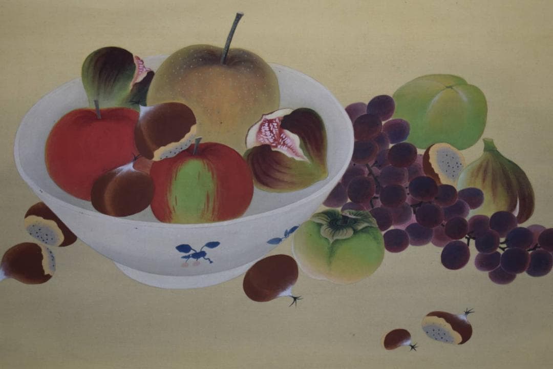 真作/春羊/果物図/絹表装/横物/布袋屋掛軸HH-688