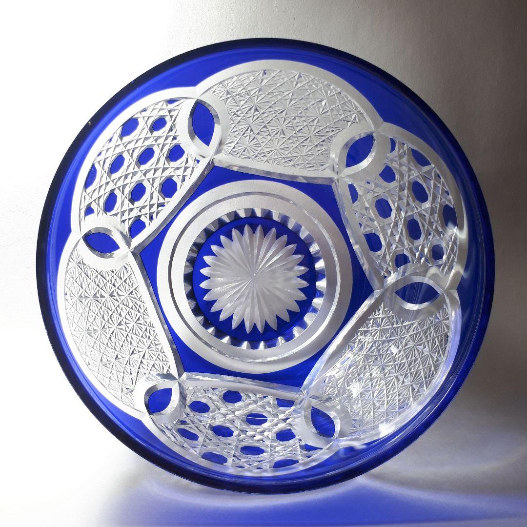 江戸切子　瑠璃色被せガラス　切子鉢　　　伝統工芸士 大友精三 作【美品 未使用】