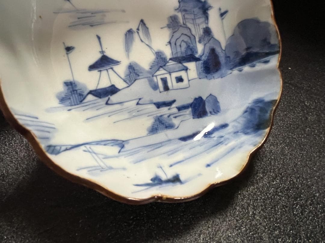 古伊万里　輪花　高台　なます皿　染付　山水　家屋　７客