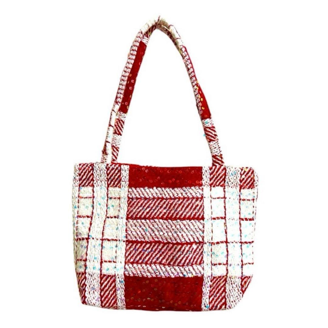 CHANEL ノベルティ トートバッグ 赤 ツイード スパンコール