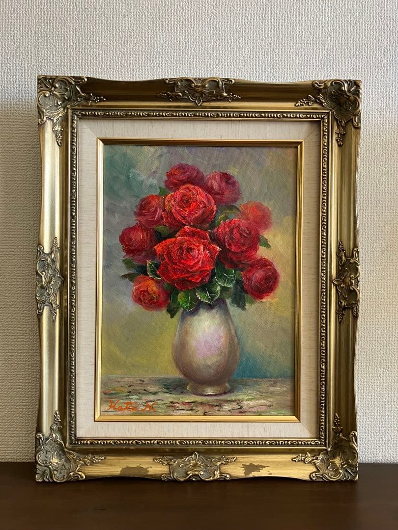 ☆ HaRu 薔薇 花 絵画 油絵 ♪ アンティーク 額縁 F4