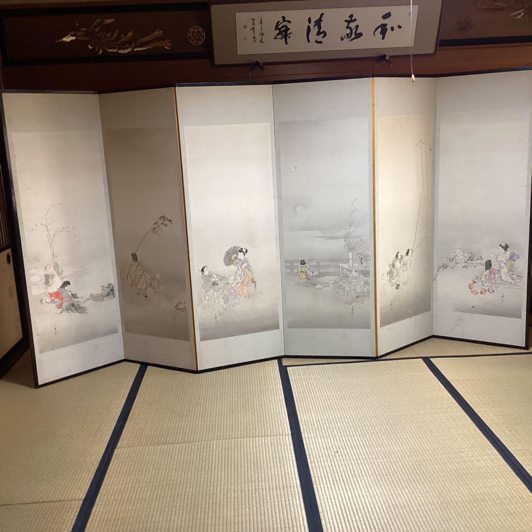 O-34日本の伝統的な屏風 子供遊びの図①六曲一双　パテーション水屋屏風としても