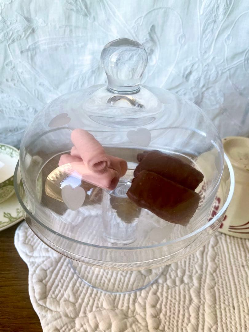 吹きガラスコンポティエ&ドームカバー　フランスアンティーク ケーキスタンドハート