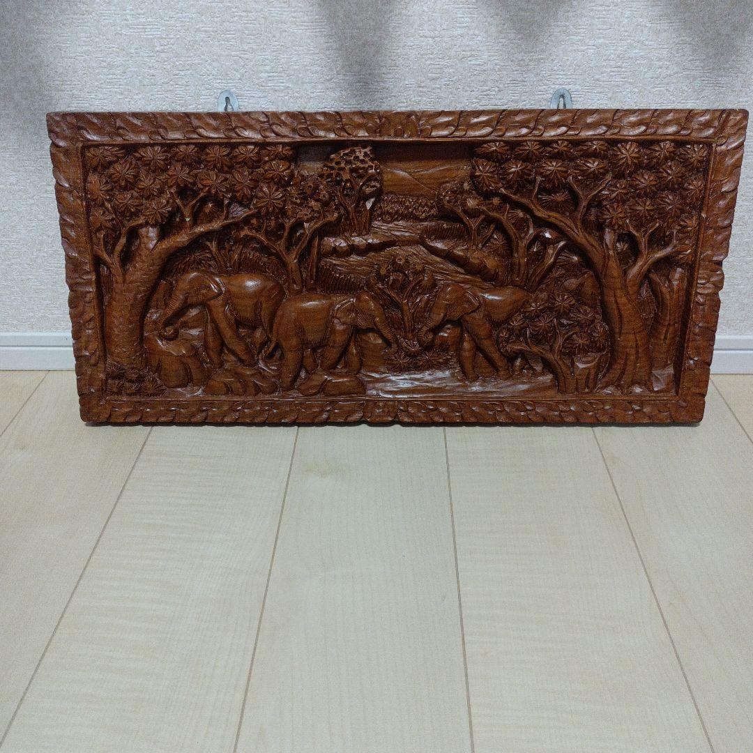 タイ製 手彫り 象 壁掛け木彫アート アジアン 彫刻 雑貨 ヴィンテージ