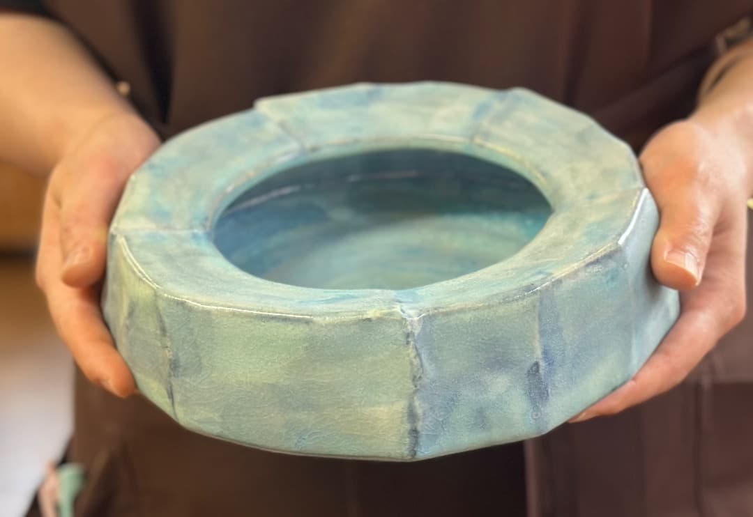 値下げ　新品　清水焼　大型灰皿　花器　水盤　青釉　京焼　プレゼント　開店祝