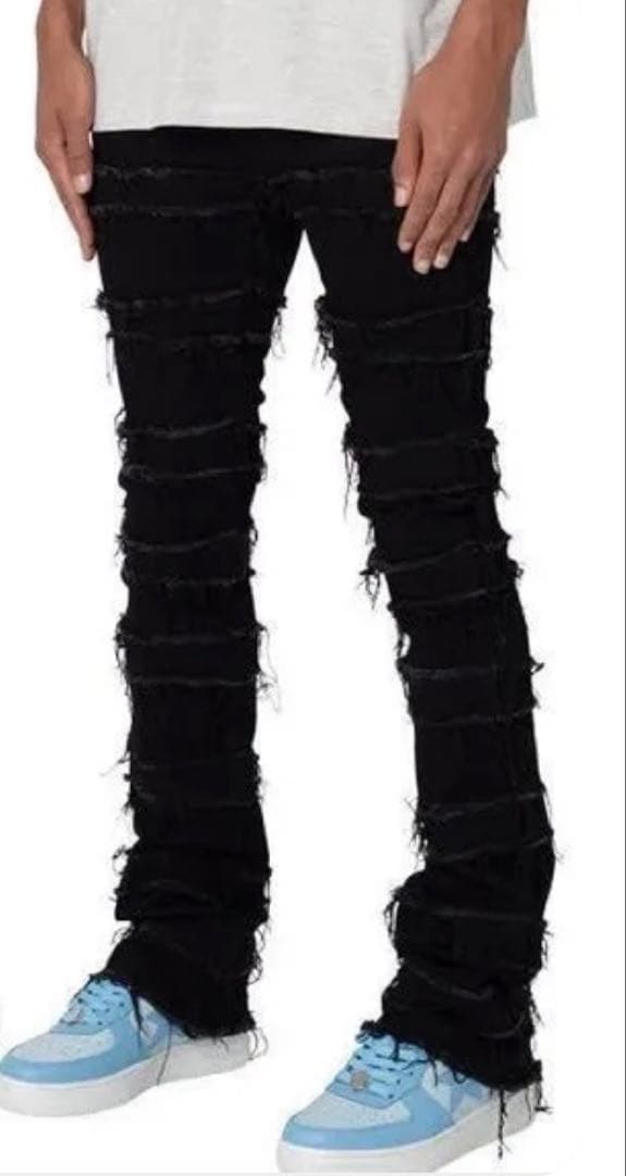 mnml28フリンジデザイン ブラックデニムパンツ