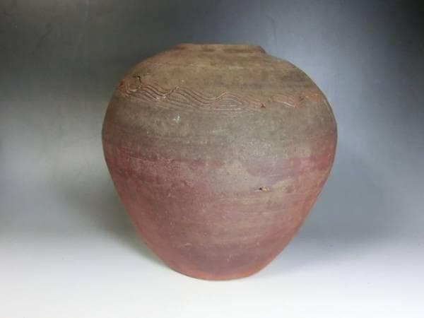 壷■古備前「堂」素焼き 箆目 古い花瓶花器 丸古壺 時代物 骨董品 古美術■