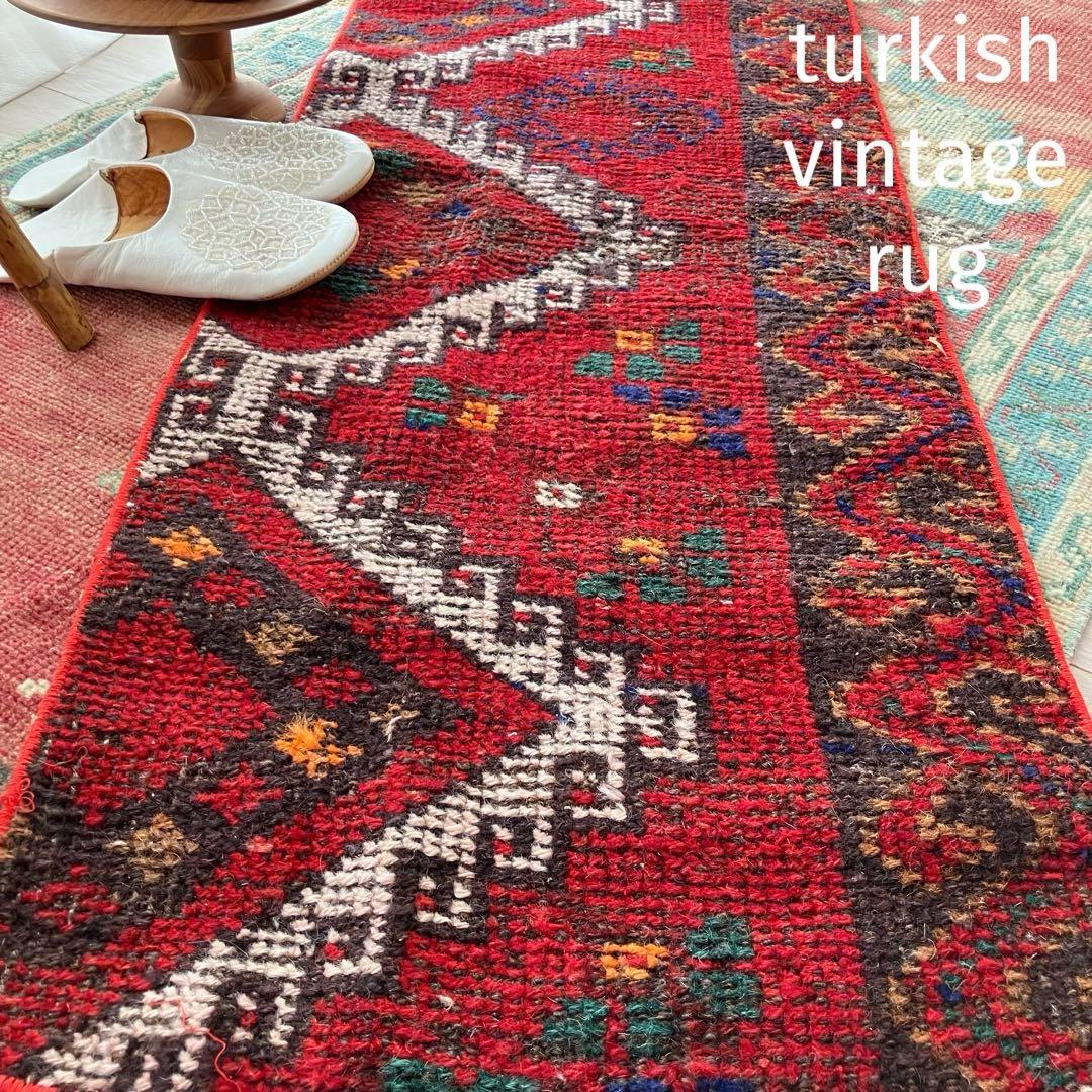 温かざっくり編み✳︎クリスマスレッド　　ロング　ランナー　トルコヴィンテージラグ