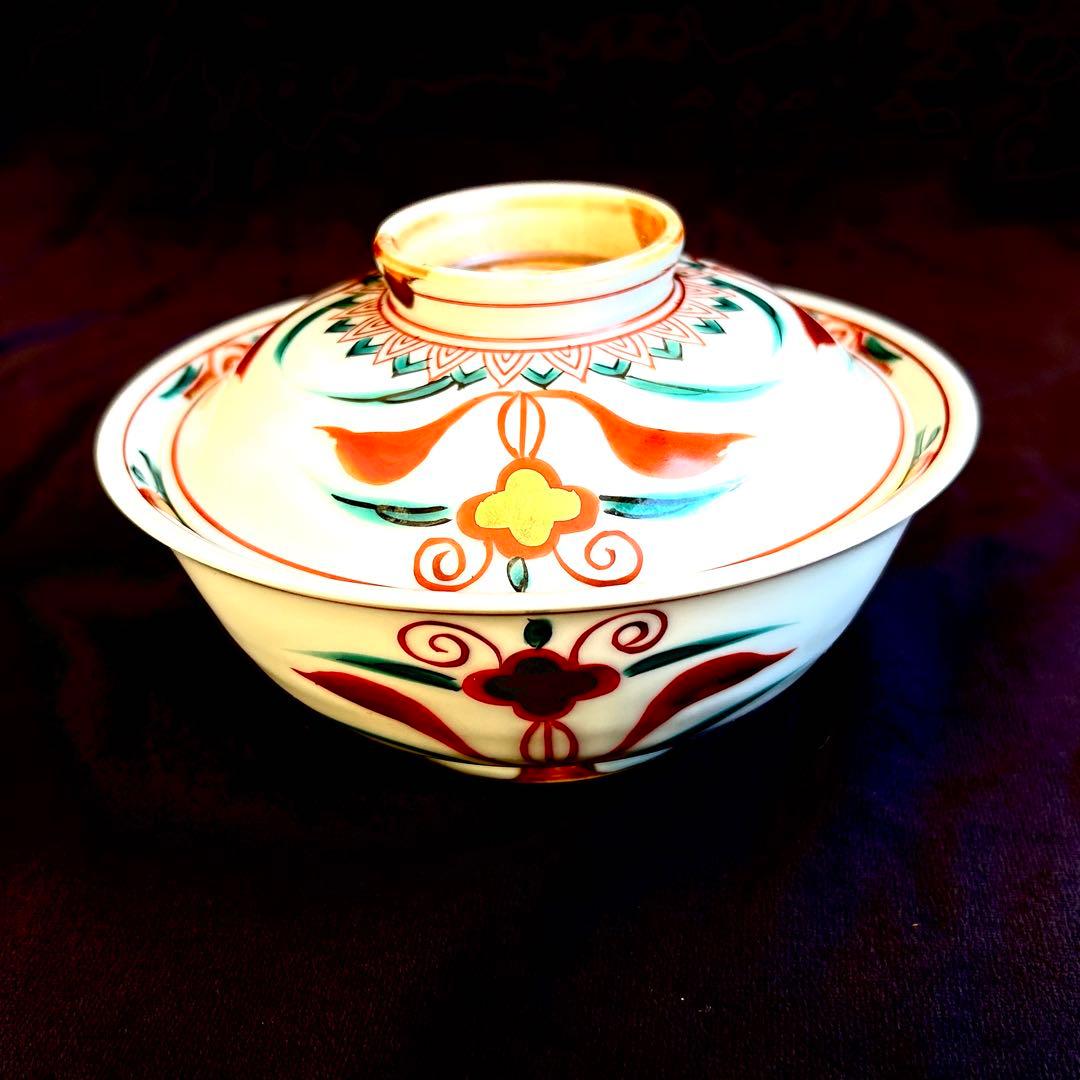 【未使用．美品】清水焼き　 蓋茶碗　蓋付き碗　飯碗　茶碗 色絵 五客 和食器
