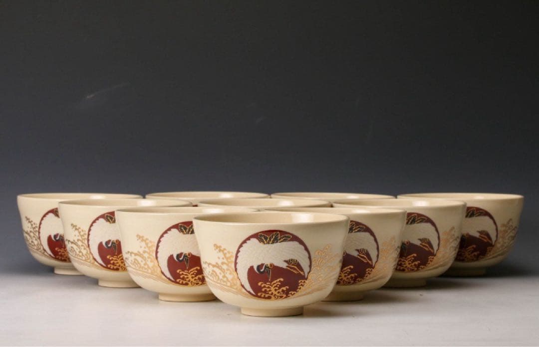 宮地英香 色絵日の出鶴画茶碗 十客 木箱 茶道具