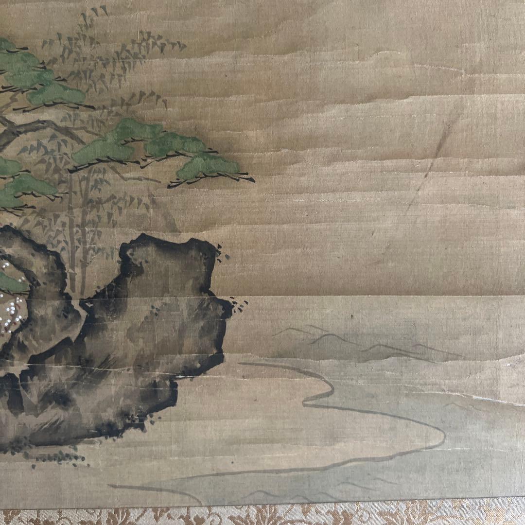 古画　日本画　山水画　仙境 鶴と亀　松竹梅　絹本　肉筆　佚名