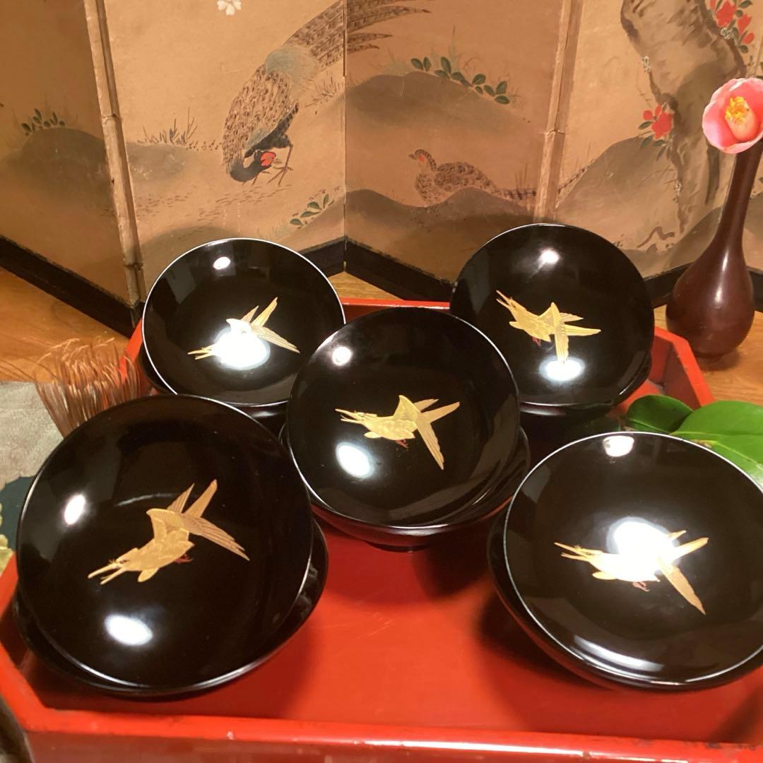 A915 木製輪島塗　黒塗　月に時鳥（ホトトギス）蒔絵　5客