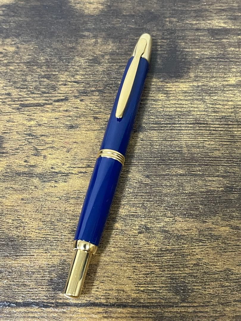 筆記確認＆洗浄済　ディープブルー×ゴールド 18金　細字　キャップレス　万年筆