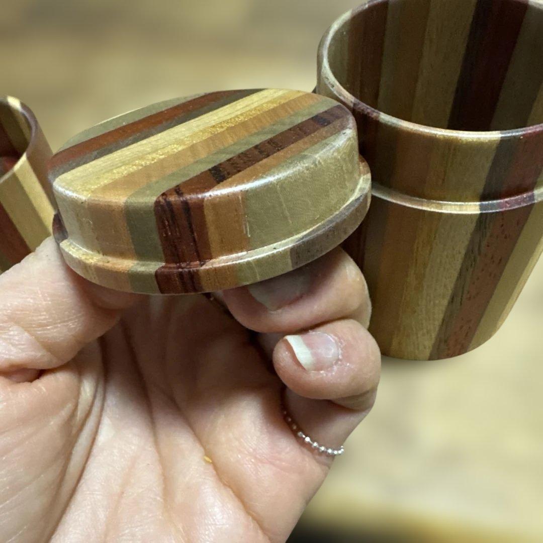 【未使用】箱根寄木細工 茶筒（中蓋付き） シマ模様 伝統工芸品 天然木 無垢作り