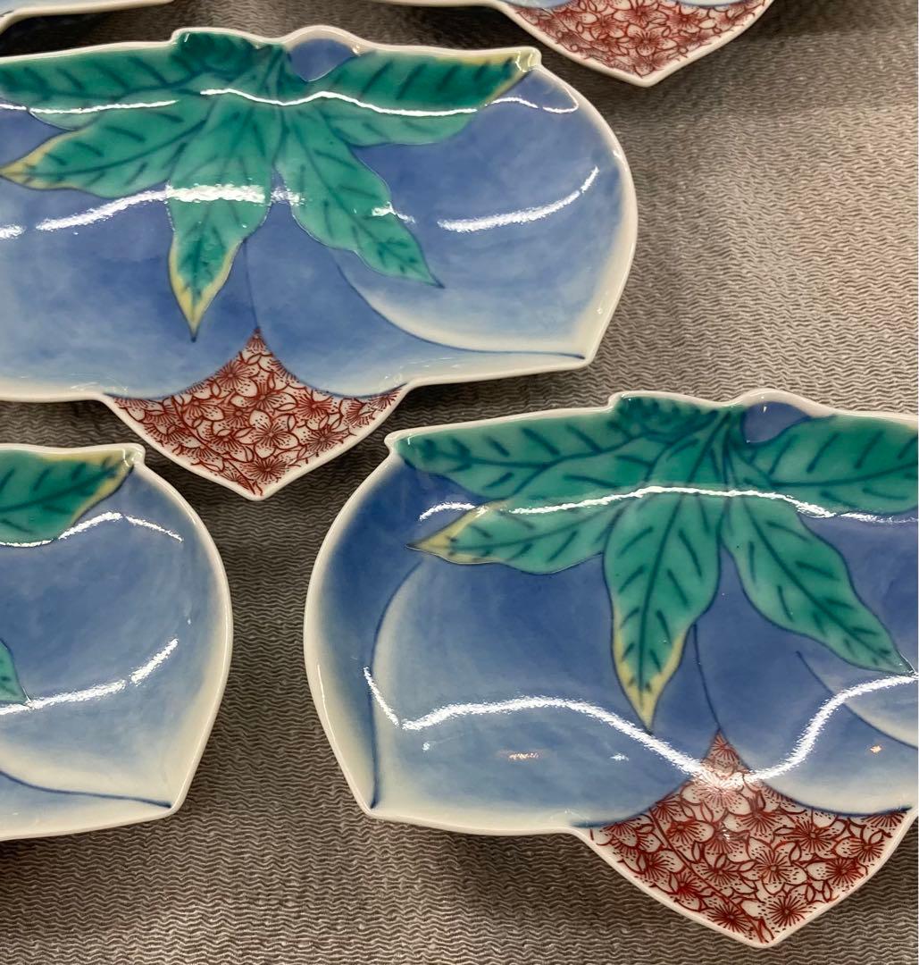B100s  今泉今右衛門「色絵双桃変形小皿  5枚」  鍋島焼　箱無し　有田焼