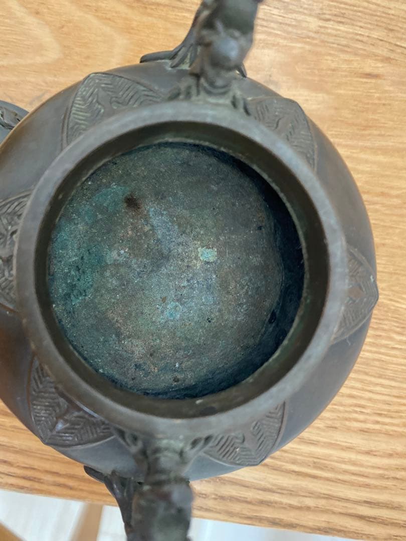 古玩 獅子蓋龍耳香炉 三脚香炉　銅器彫刻 　香櫨　三つ足香炉　中国美術　朝鮮